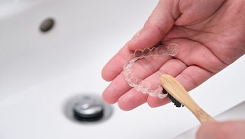 Patient cleaning clear aligner with toothbrush