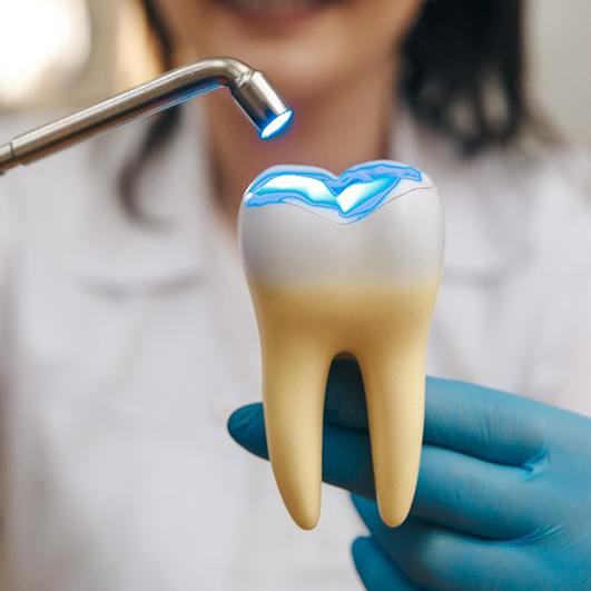 A dentist using a model to illustrate how fillings work
