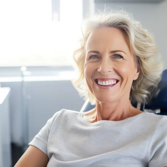 Smiling middle-aged woman in dental treatment chair